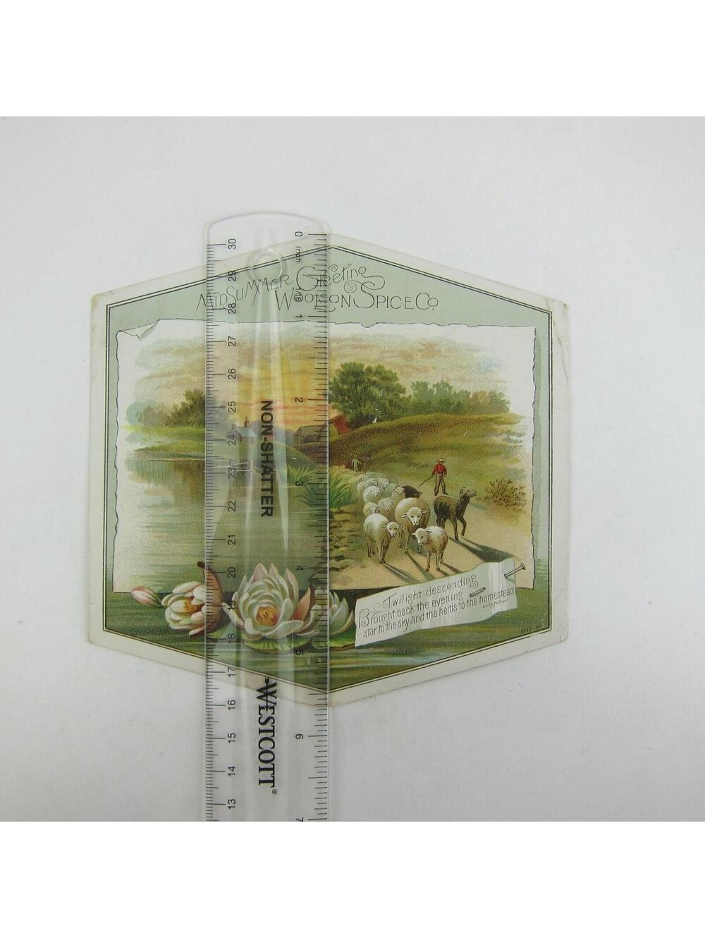 Victorian Trade Card Woolson Spice Co Shepherd Sheep Pond Farm House Flowers Sun - Picture 11 of 12